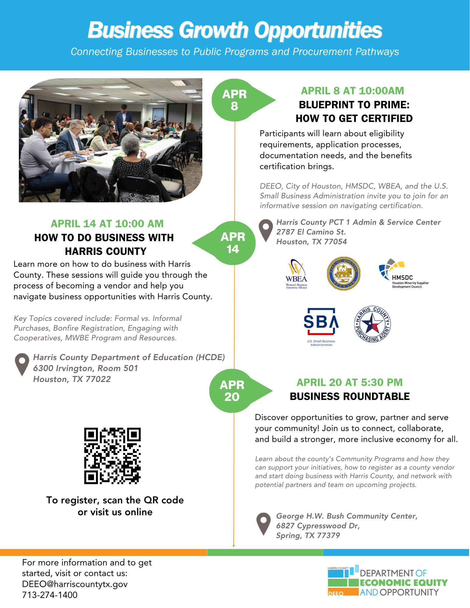 Infographic flyer for 'Business Growth Opportunities' with three April events: Apr 8 'Blueprint to Prime' (certification), Apr 14 'How to Do Business with Harris County', and Apr 20 'Business Roundtable' in Houston; includes QR code and logos.