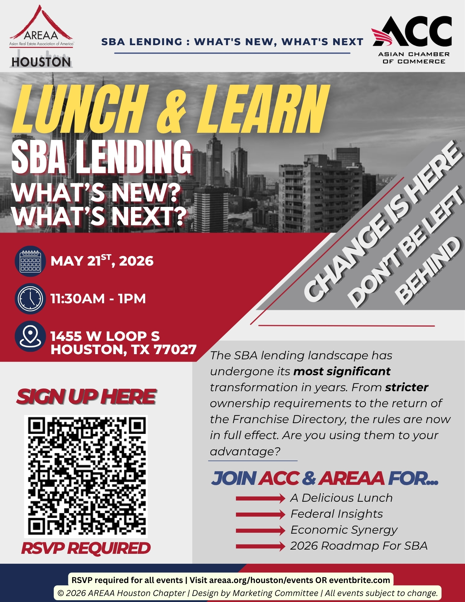 Poster advertising a Lunch & Learn event: SBA Lending—What’s New, What’s Next, Houston, May 21, 2026, 11:30 AM–1 PM, with QR code for RSVP and venue address.