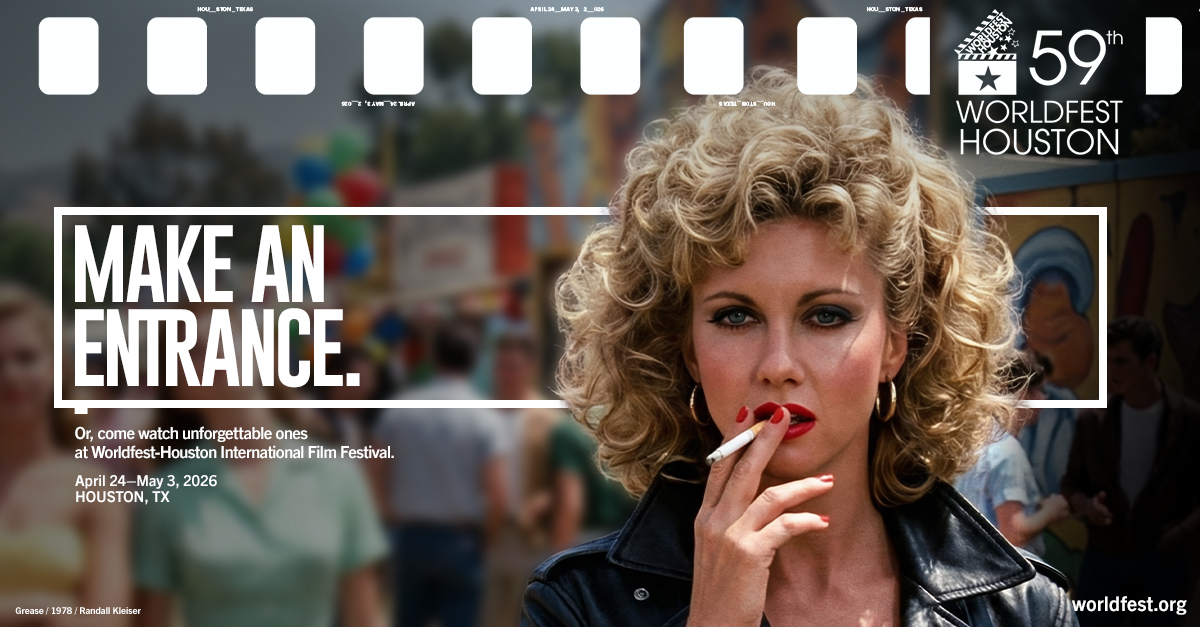 Poster for WorldFest Houston 59th with a woman smoking a cigarette in the foreground and bold 'Make an Entrance' text.