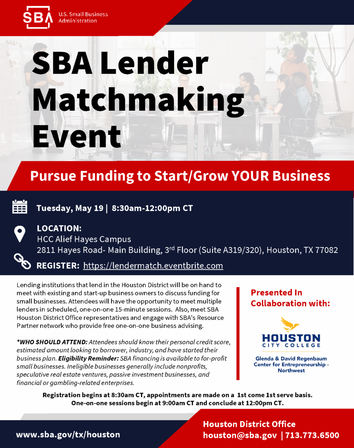 SBA Lender Matchmaking Event flyer: bold title with red and blue banner, and event details—date, location at HCC Alief Hayes Campus, and registration link.