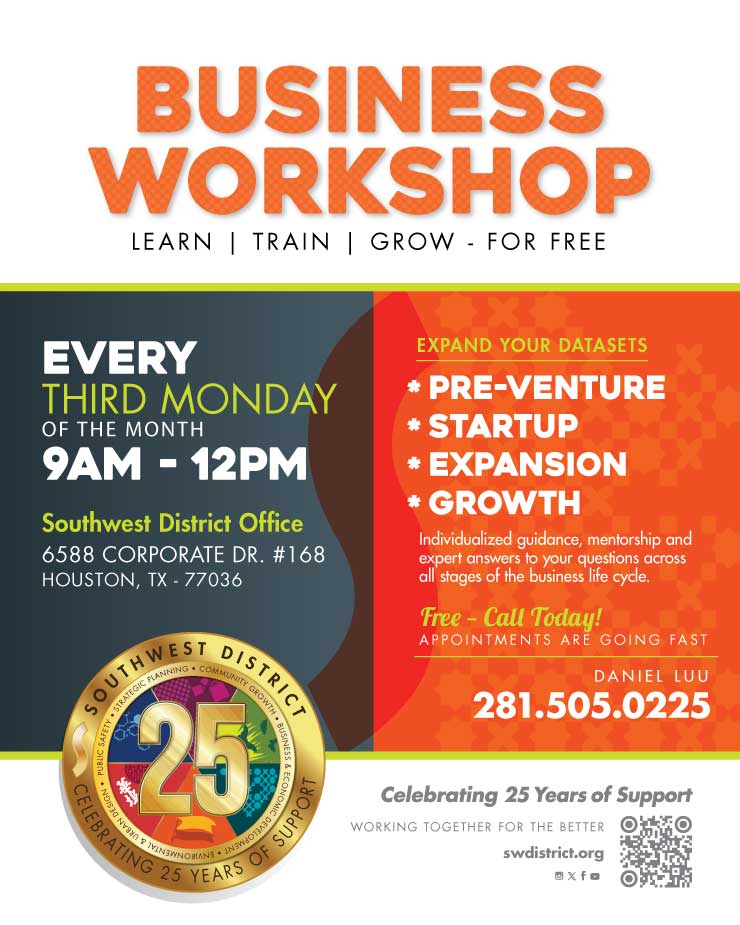 Promotional flyer for a Business Workshop with details about location, date, and a 25-year district badge in the lower left.
