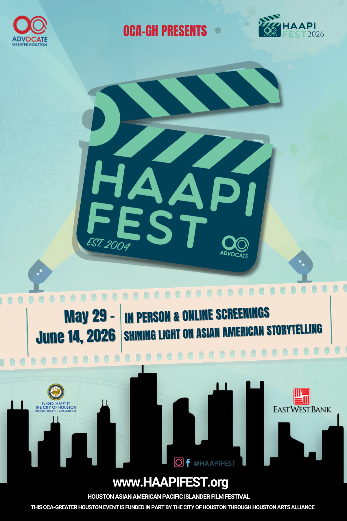 Poster for HAAPI Fest 2026 with a teal clapperboard reading HAAPI FEST; announces in-person and online screenings May 29–June 14, 2026.