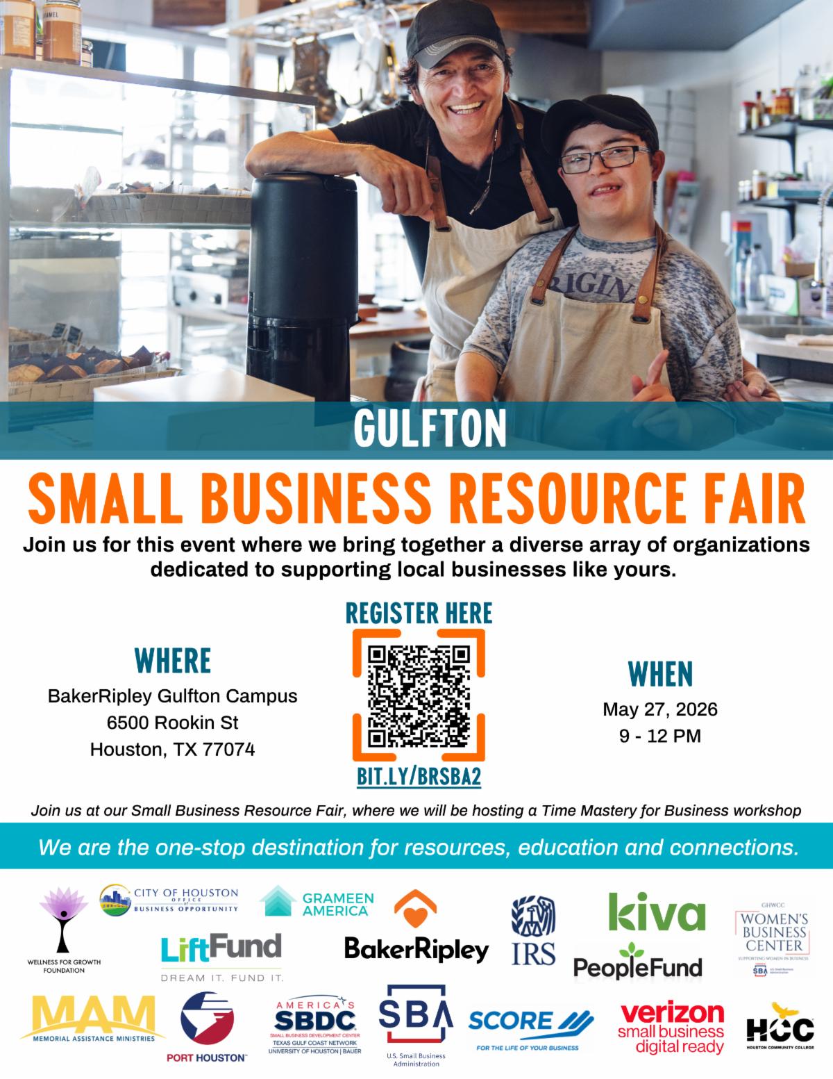Two smiling people in aprons behind a counter, promoting a Gulf ton Small Business Resource Fair poster in a kitchen setting.