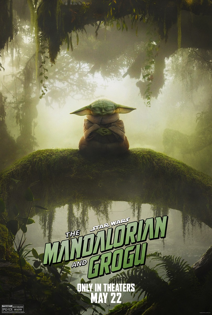 Grogu sits cross-legged on a mossy log in a misty forest; promotional poster for The Mandalorian and Grogu, in theaters May 22.