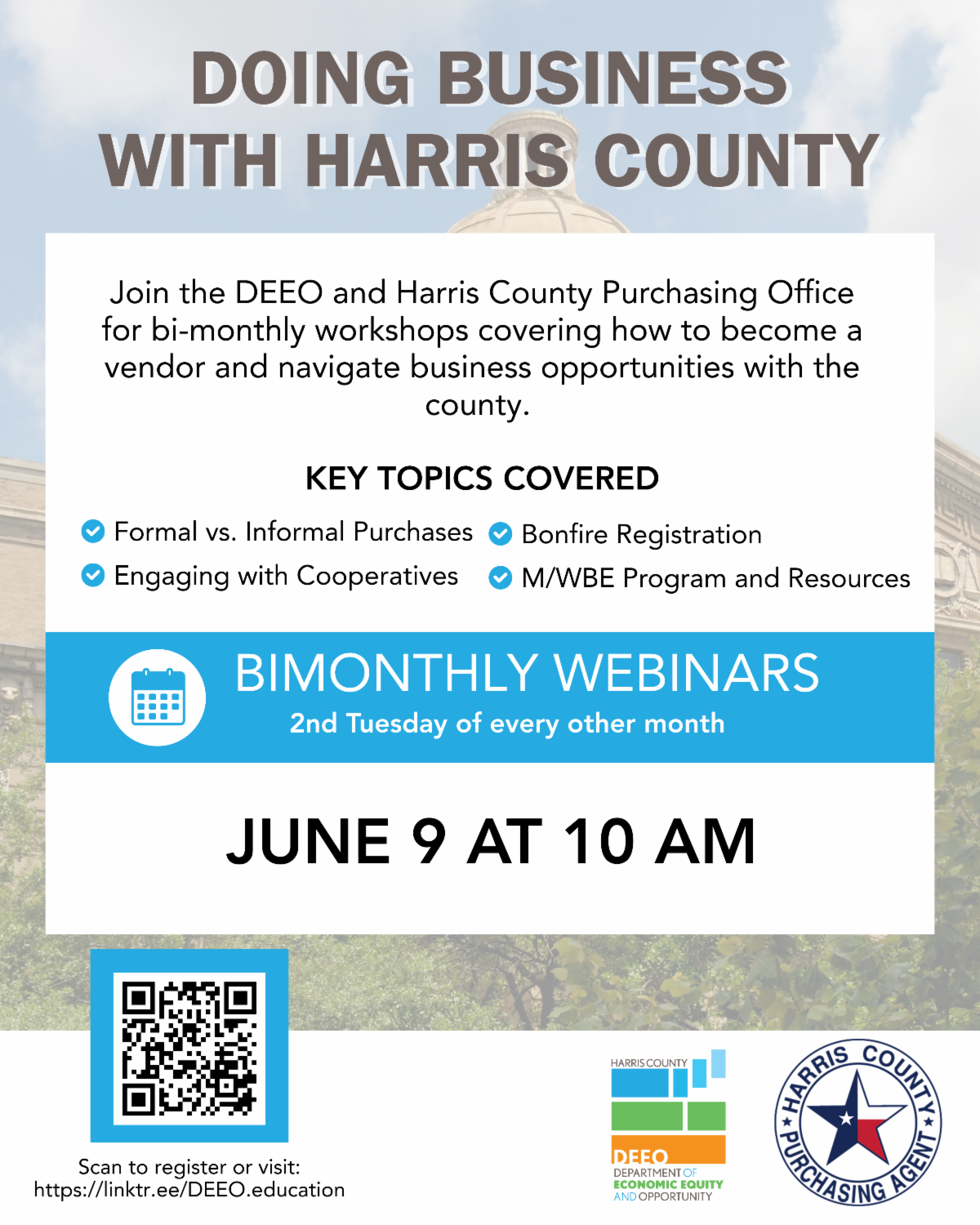 Poster for Harris County 'Doing Business with Harris County' bi-monthly webinars on June 9 at 10 AM, with topics and a QR code for registration.