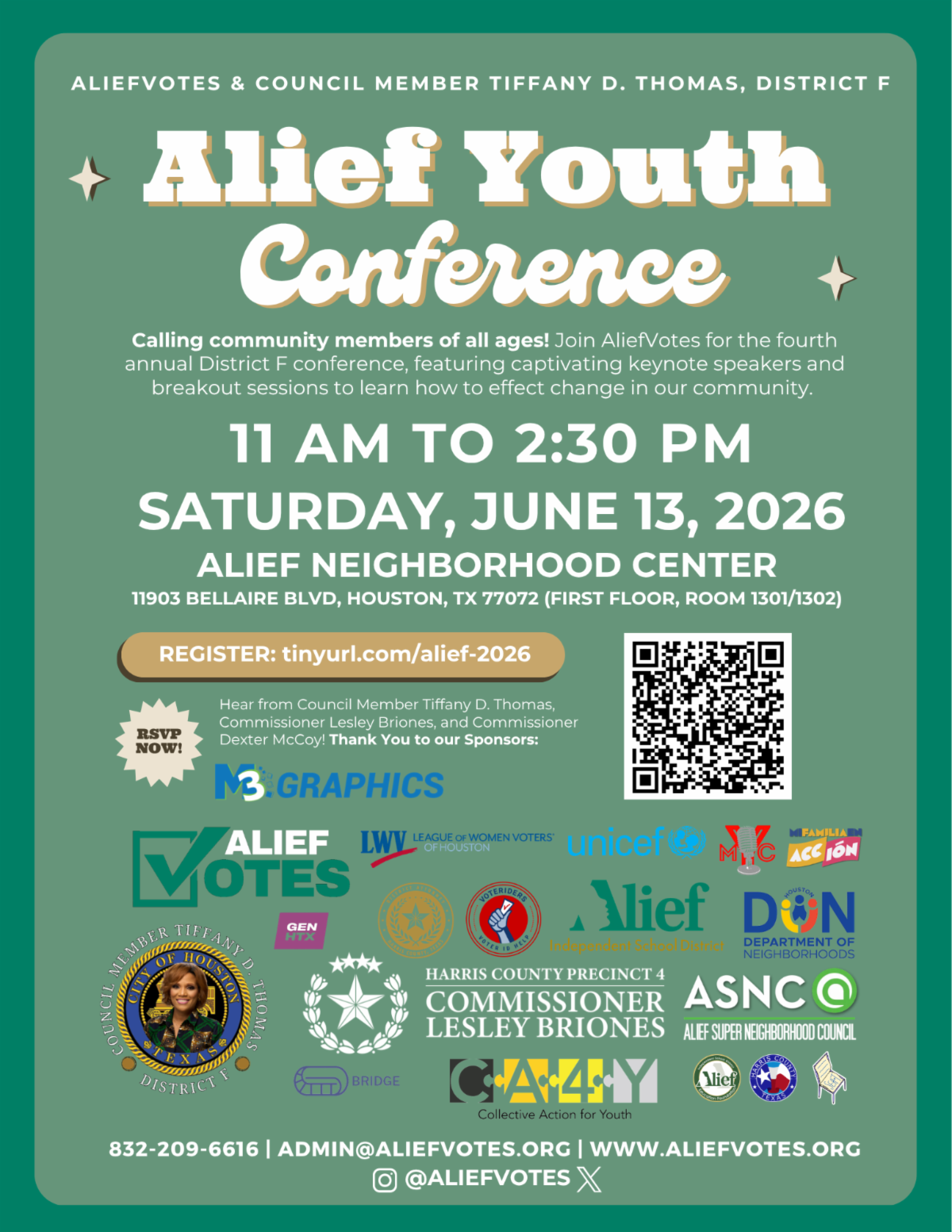 Poster advertising the Alief Youth Conference with date and time: Saturday, June 13, 2026, 11 AM–2:30 PM at Alief Neighborhood Center in Houston; QR code and registration URL included.