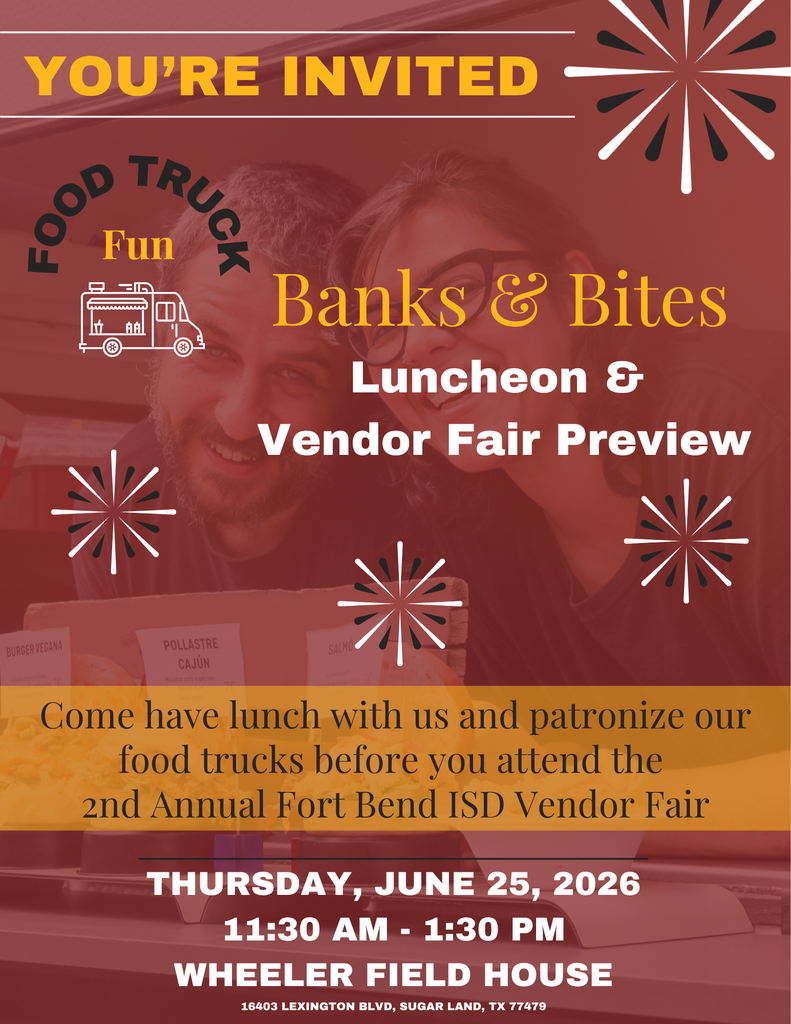 Invitation poster for a food truck luncheon and vendor fair preview, with bold title 'YOU'RE INVITED' and decorative bursts at the corners.