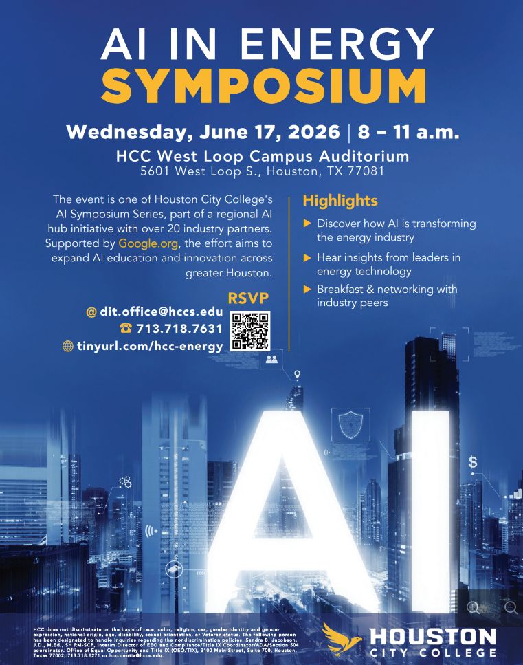 Poster for AI in Energy Symposium, June 17, 2026, 8–11 a.m., HCC West Loop Campus Auditorium, Houston.
