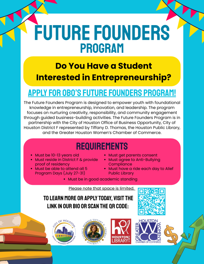 Poster for the Future Founders Program inviting students to apply; includes requirements, QR code, and sponsor logos.