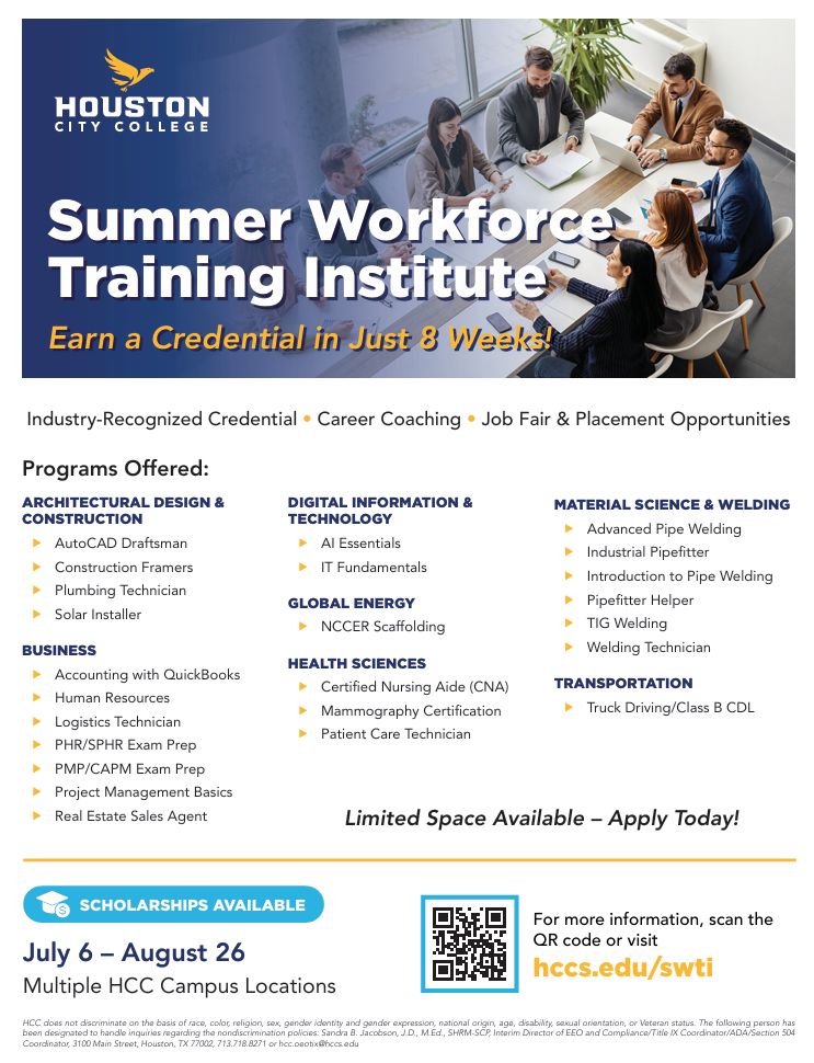 Flyer for Houston City College's Summer Workforce Training Institute showing a group meeting and the headline 'Summer Workforce Training Institute'