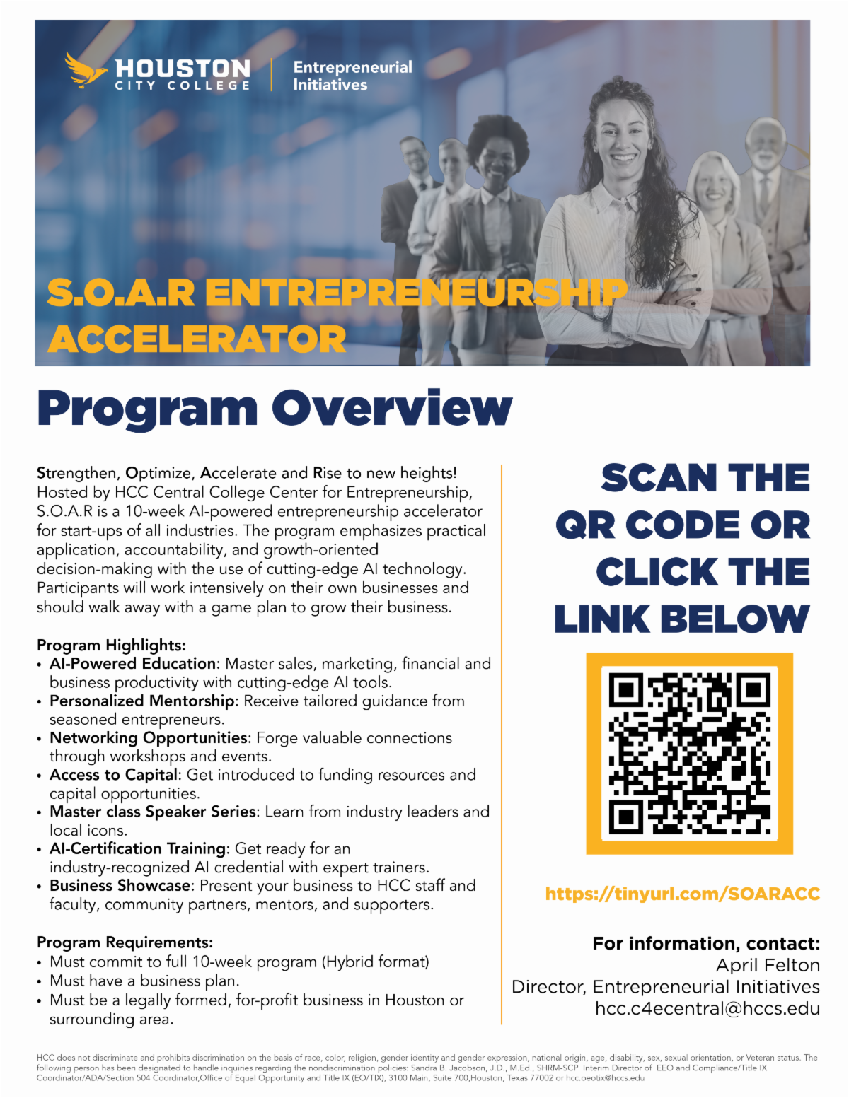 Promotional poster for Houston Community College's S.O.A.R Entrepreneurship Accelerator with program overview and a QR code.