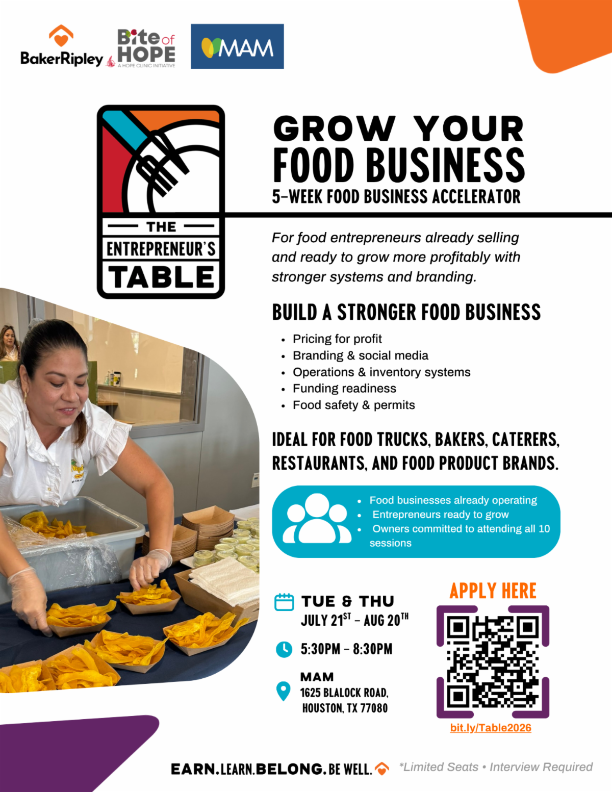 Poster advertising a 5-week food business accelerator 'Grow Your Food Business' with sponsor logos; shows a woman packing food on the left and event details on the right.