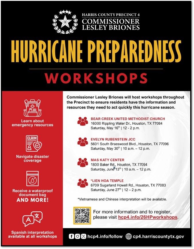 Poster for Hurricane Preparedness Workshops by Harris County Precinct 4, listing Houston workshop locations and accessibility resources (emergency resources, disaster coverage, interpretation).