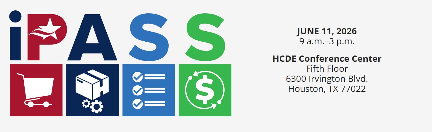 IPASS conference flyer: large IPASS logo with shopping cart, box, checklist, and dollar icons; date and venue details for Houston, June 11, 2026, 9 a.m.–3 p.m., HCDE Conference Center, Fifth Floor, 6300 Irvington Blvd.