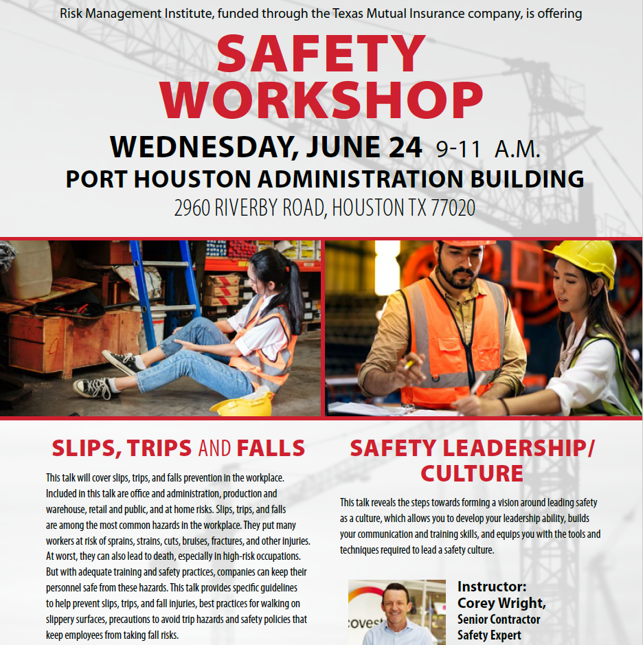 Poster announcing the Safety Workshop by the Risk Management Institute; includes date, time, and location, with two workers in safety vests shown in photo panels.