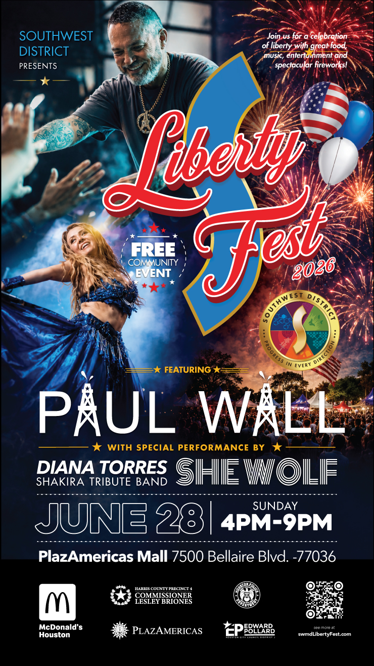 Poster for Liberty Fest 2026: a free community event with Paul Wall and a Shakira tribute by She Wolf, June 28, 4–9 PM at PlazaAmericas Mall.