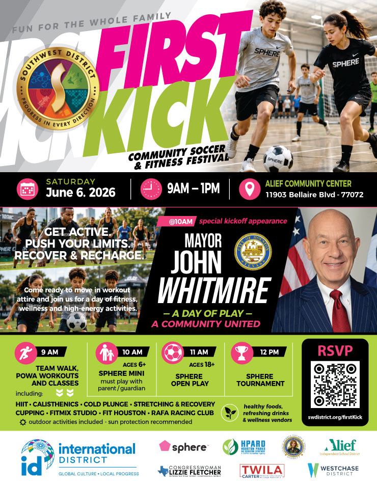 Bright festival poster for First Kick Community Soccer & Fitness Festival with kids playing soccer and event details (date, time, location).