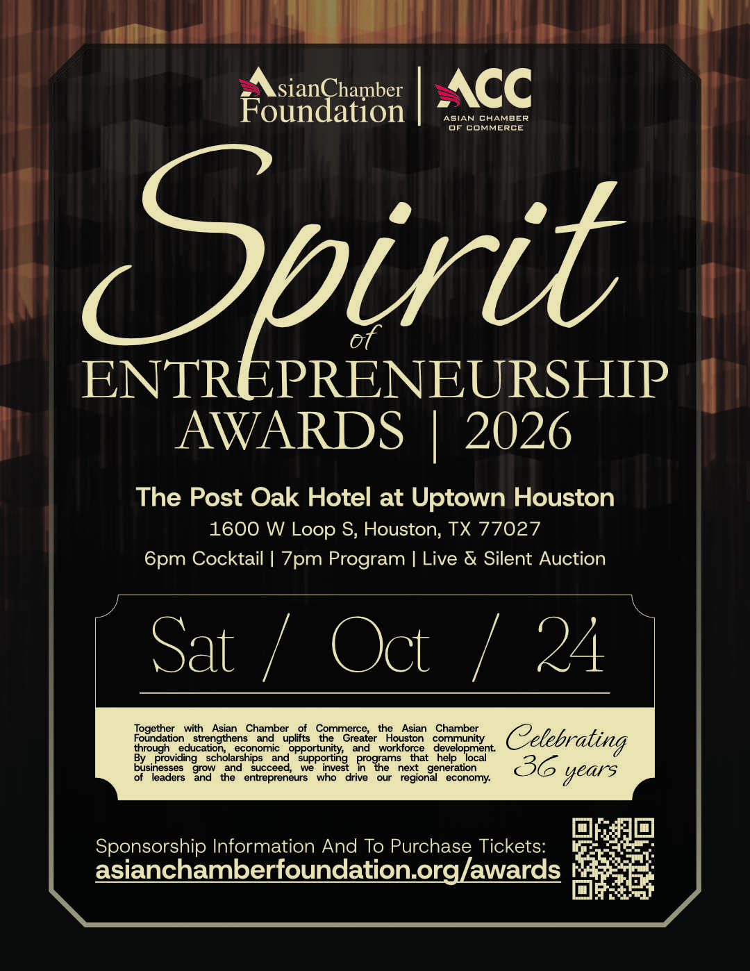 Poster for Spirit of Entrepreneurship Awards 2026 by Asian Chamber Foundation and ACC, Oct 24 at The Post Oak Houston (address and times shown). Includes QR code and sponsor logos.