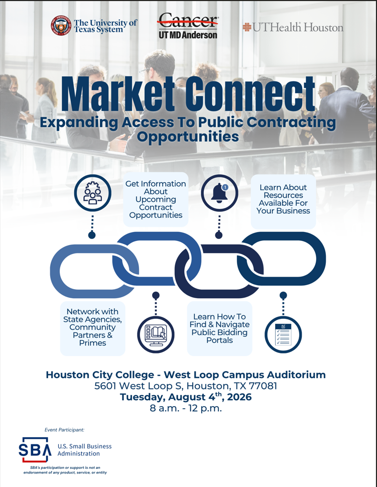 Poster for Market Connect event about public contracting opportunities, with partner logos and six callouts; includes event date/time and location (Aug 4, 2026, 8 a.m.–12 p.m., Houston West Loop Campus Auditorium).