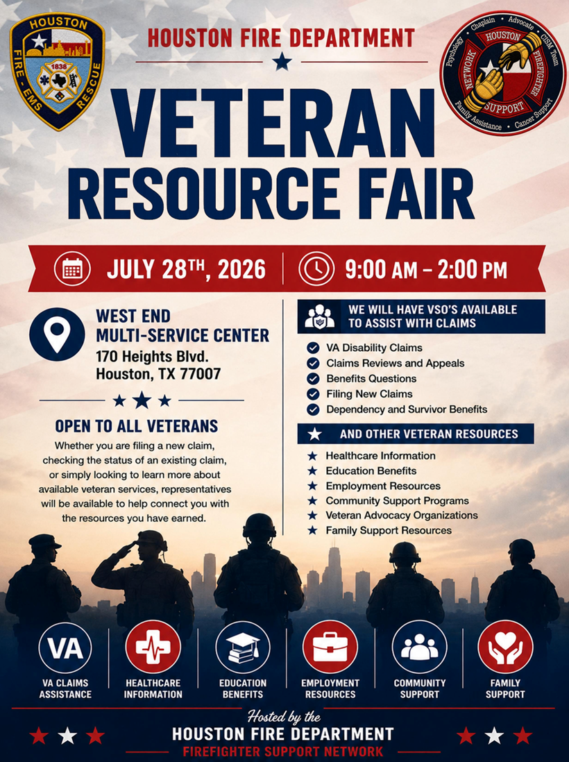 Houston Fire Department Veteran Resource Fair poster with date/time and location (July 28, 2026, 9:00 AM–2:00 PM at West End Multi-Service Center, 170 Heights Blvd, Houston). Lists resources such as VA claims, healthcare, education benefits, employment, community and family support, with silhouettes of veterans against a city skyline.