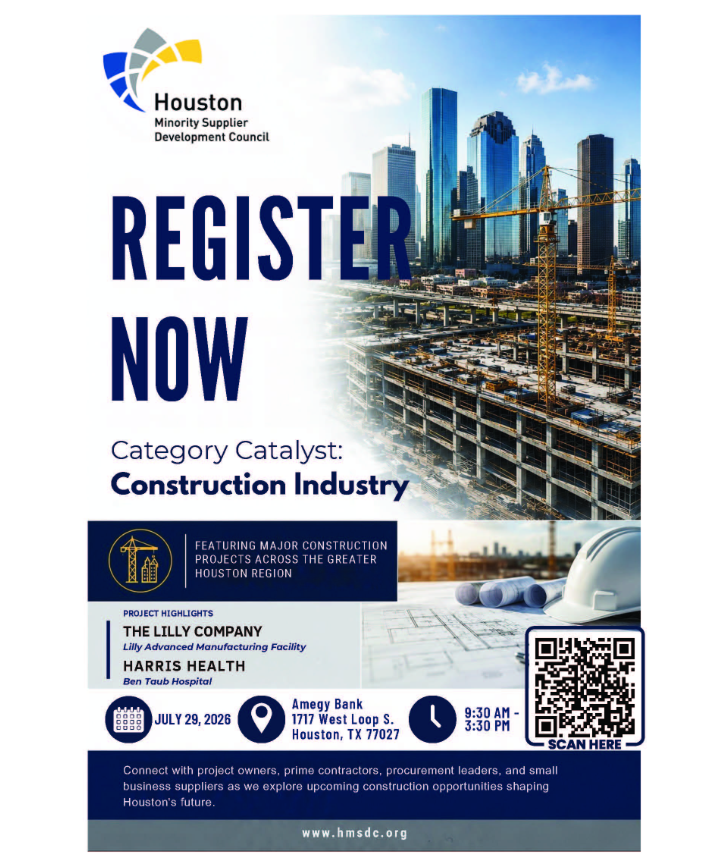 Poster advertising 'REGISTER NOW' for the Houston Minority Supplier Development Council Construction Industry event, showing a city skyline, a construction site with cranes, and a QR code in the bottom-right corner.