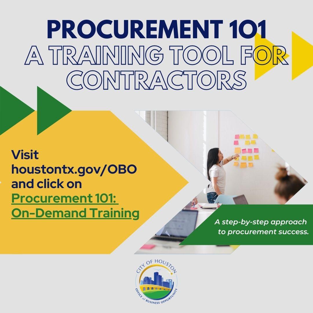 Promotional poster for Procurement 101 training for contractors, with bold geometric shapes and a presenter near sticky notes.",