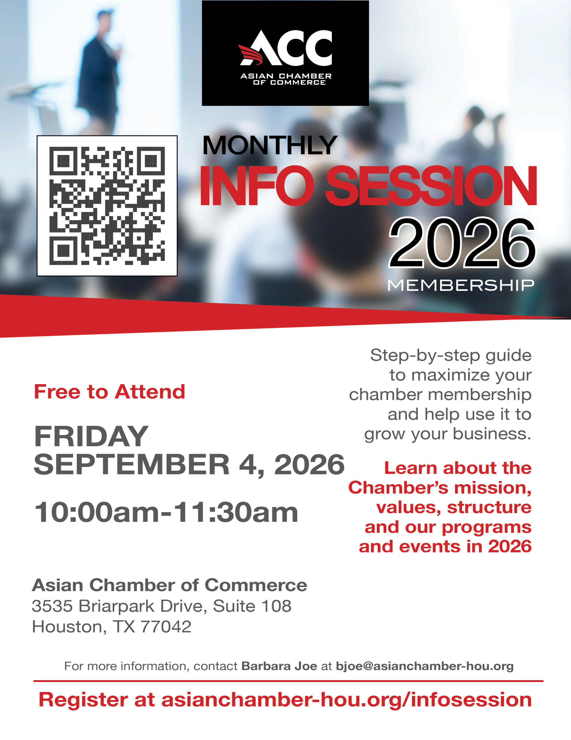 Poster announcing Asian Chamber of Commerce monthly info session 2026; left QR code, top ACC logo, bold red INFO SESSION and 2026 MEMBERSHIP text; date Friday, Sept 4, 2026, 10:00–11:30am; registration link=