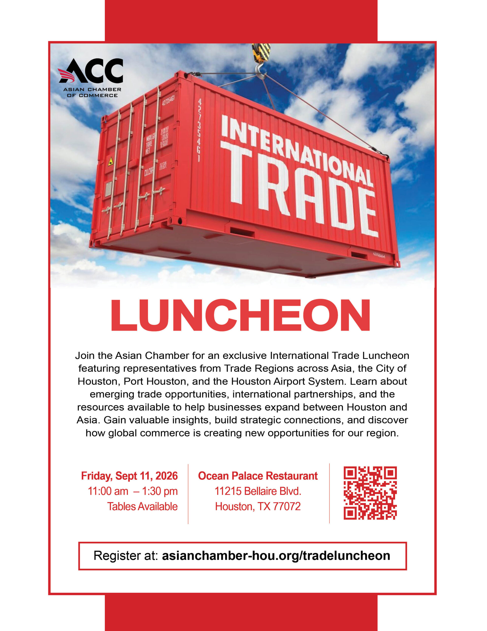 Red event poster showing a suspended red shipping container reading 'INTERNATIONAL TRADE' with the ACC logo in the top left, promoting an Asian Chamber of Commerce luncheon.