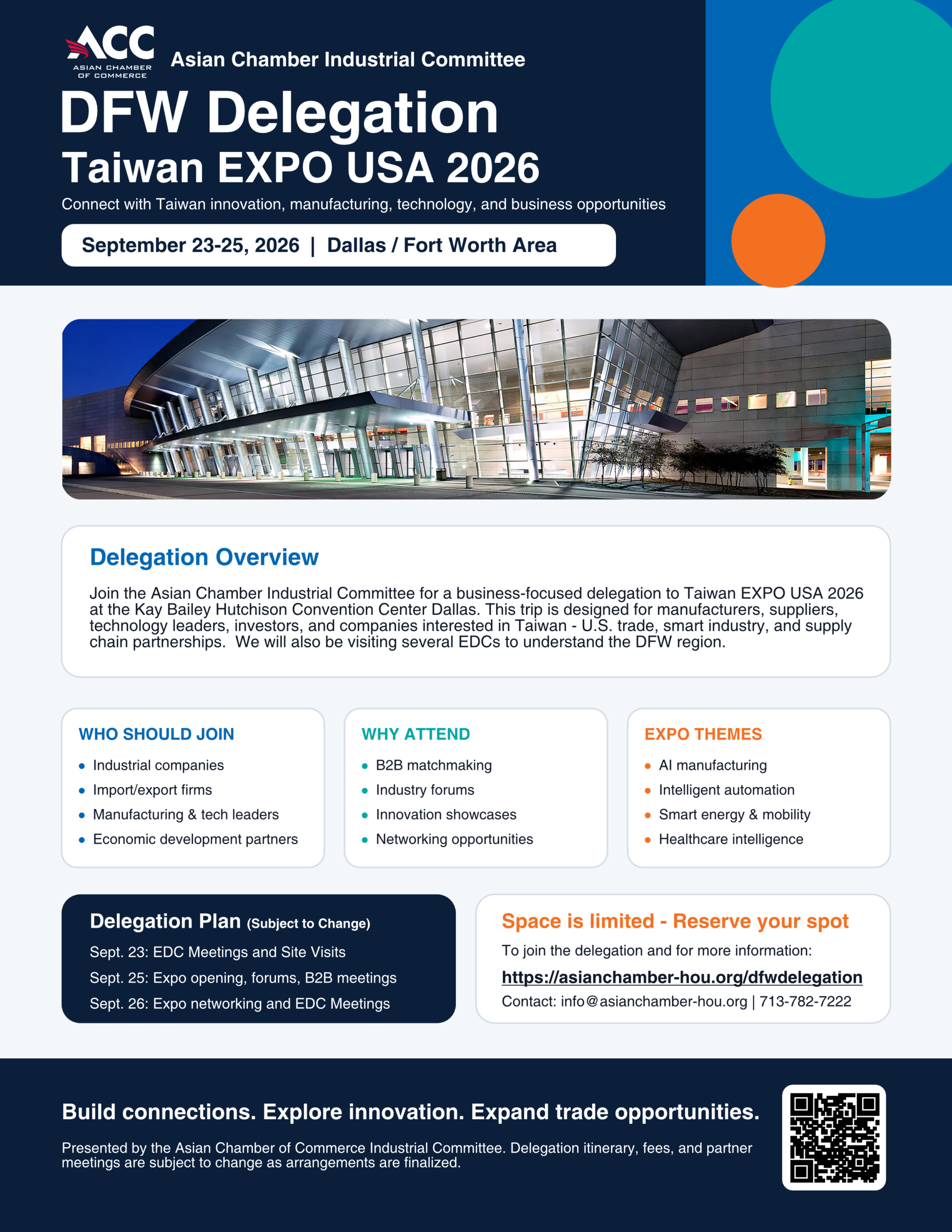 Hero banner for DFW Delegation Taiwan Expo USA 2026 with dark navy left panel and teal/orange circular shapes, white bold text announcing event details.