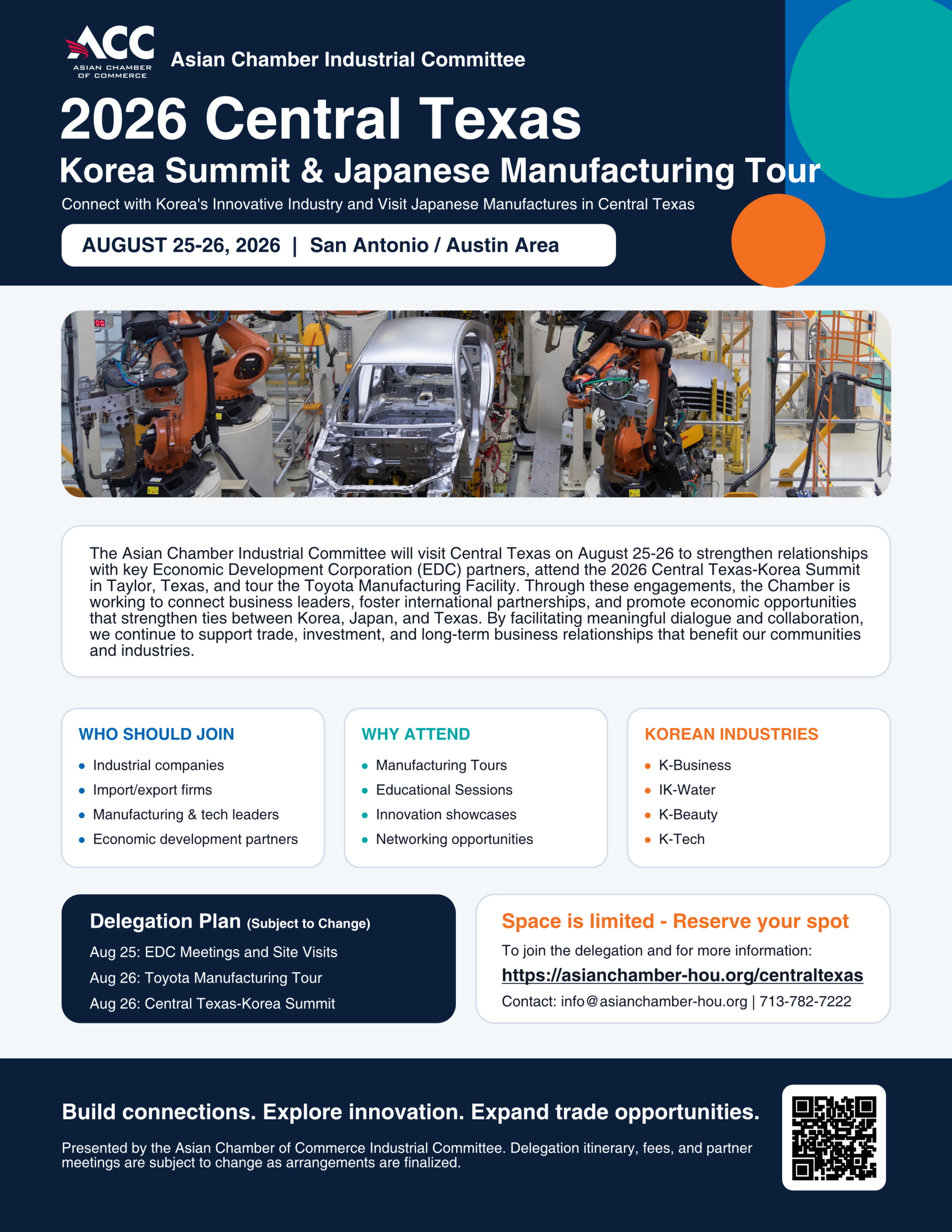 Event banner for the Asian Chamber of Commerce promoting the 2026 Central Texas Korea Summit & Japanese Manufacturing Tour on Aug 25–26 in the San Antonio/Austin area; banner includes large white text and geometric shapes.