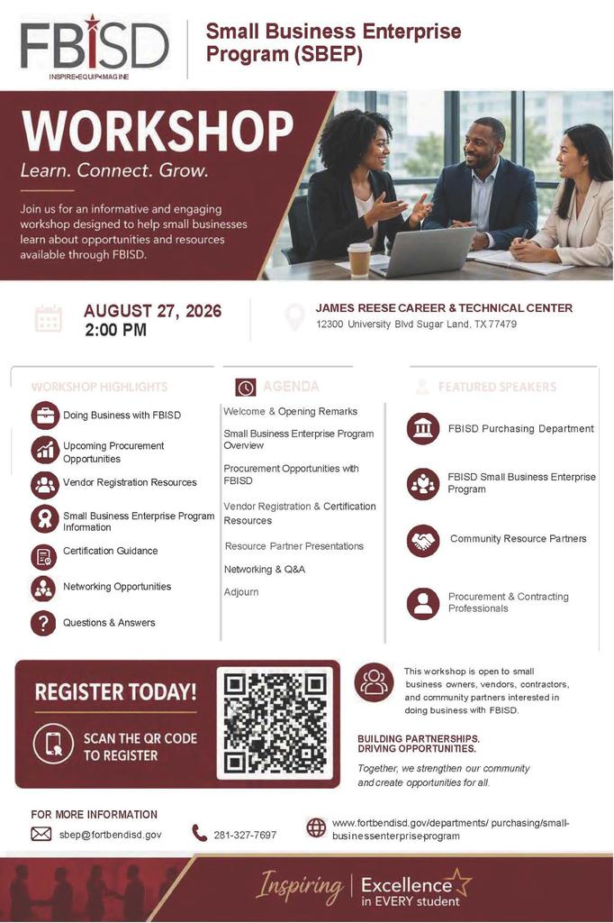 FBISD Small Business Enterprise Program workshop poster showing a group discussion image, event date and venue, agenda and highlights, a QR code for registration, and an Inspiring Excellence banner.