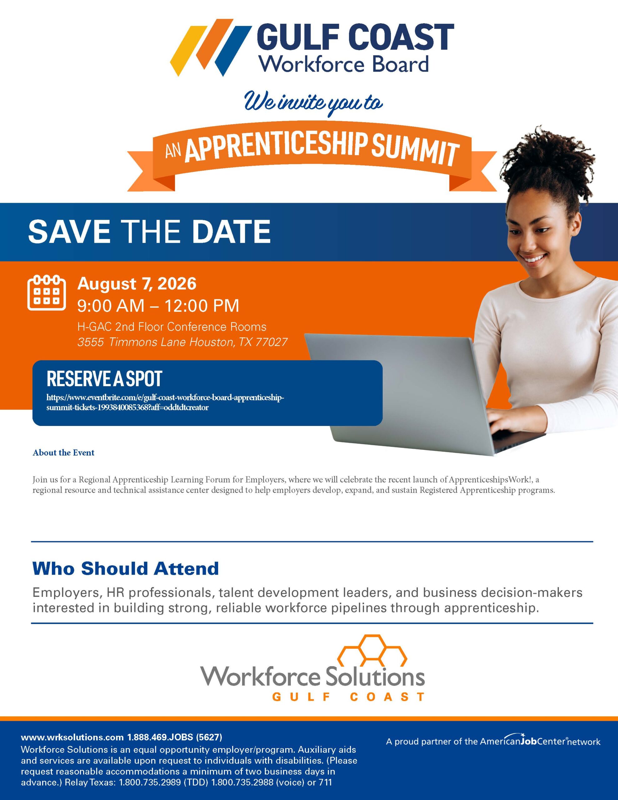 Gulf Coast Workforce Board apprenticeship summit flyer with 'Save the Date' and date/time details; person using a laptop on the right.