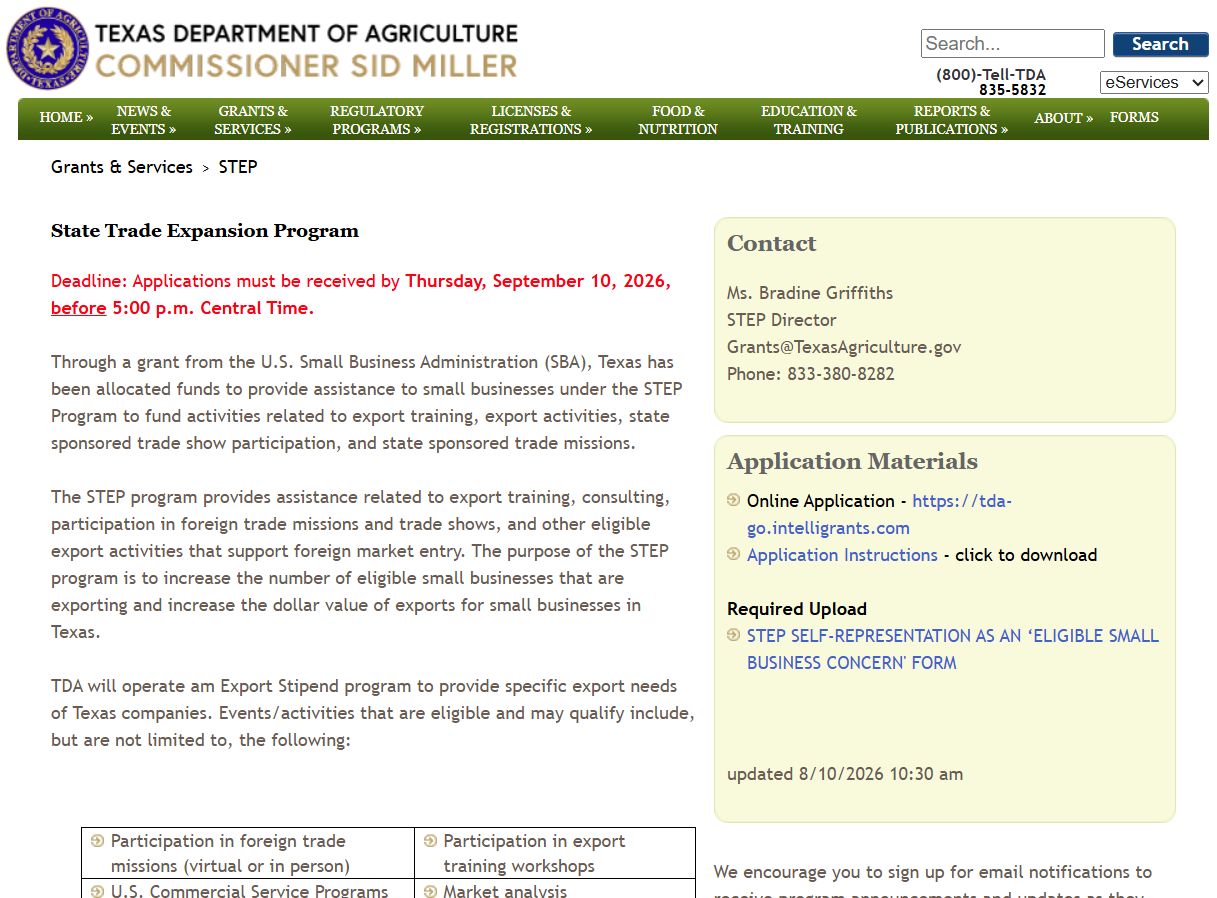 Texas Department of Agriculture STEP program page with deadline notice and right-side Contact and Application Materials panels