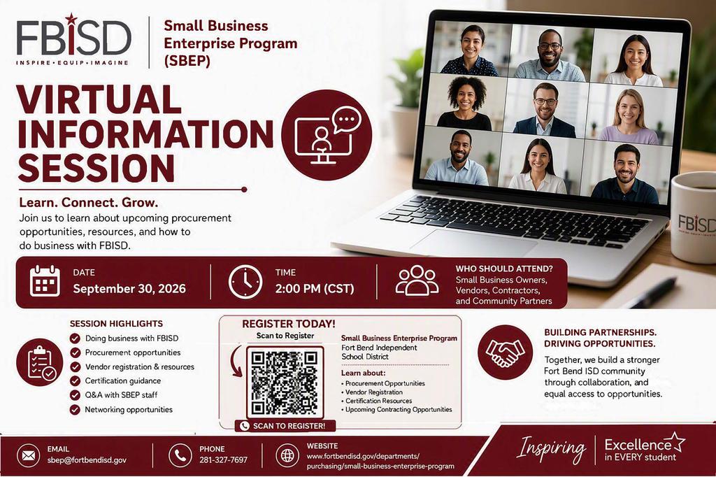 Join us to learn about upcoming procurement opportunities, resources, and how to do business with FBISD Small Business Enterprise Program Fort Bend Independent School District Learn About: Procurement Opportunities Vendor Registration Certification Resources Upcoming Contracting Opportunities